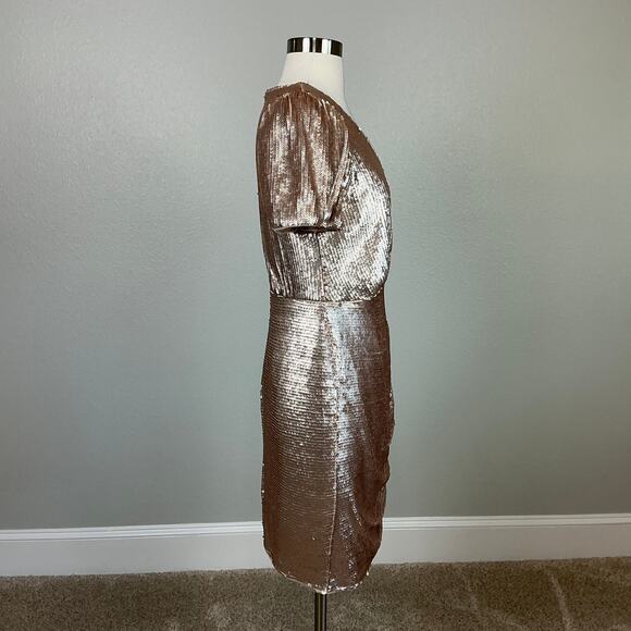 Aidan Mattox Gold Sequined Cocktail Dress Size 6 Short Sleeve Mini Sheath - Picture 4 of 14